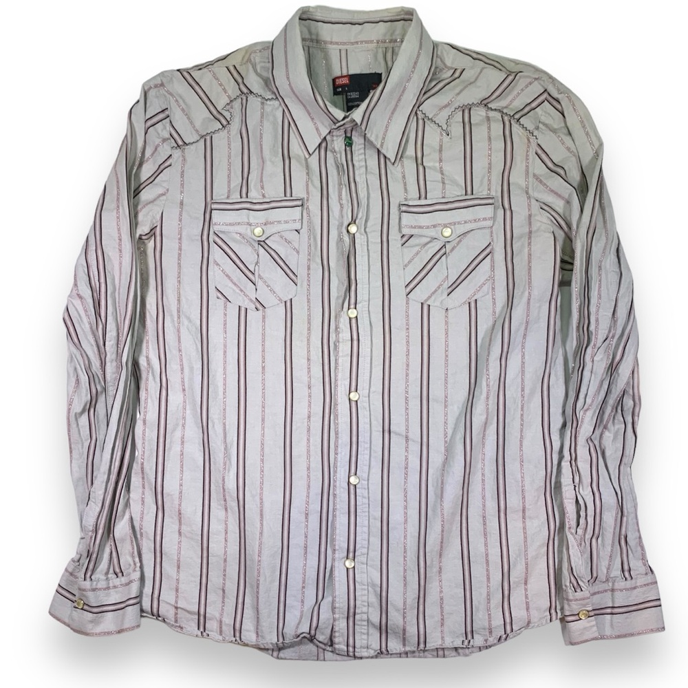 Diesel Striped Glitter Button Up Shirt Western Style Embroidery